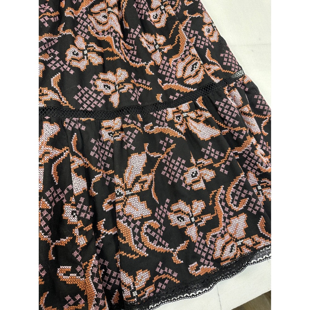Anthropologie Embroidered Cross Stitch Floral Midi Dress Black Small Lace Trim - Picture 6 of 14